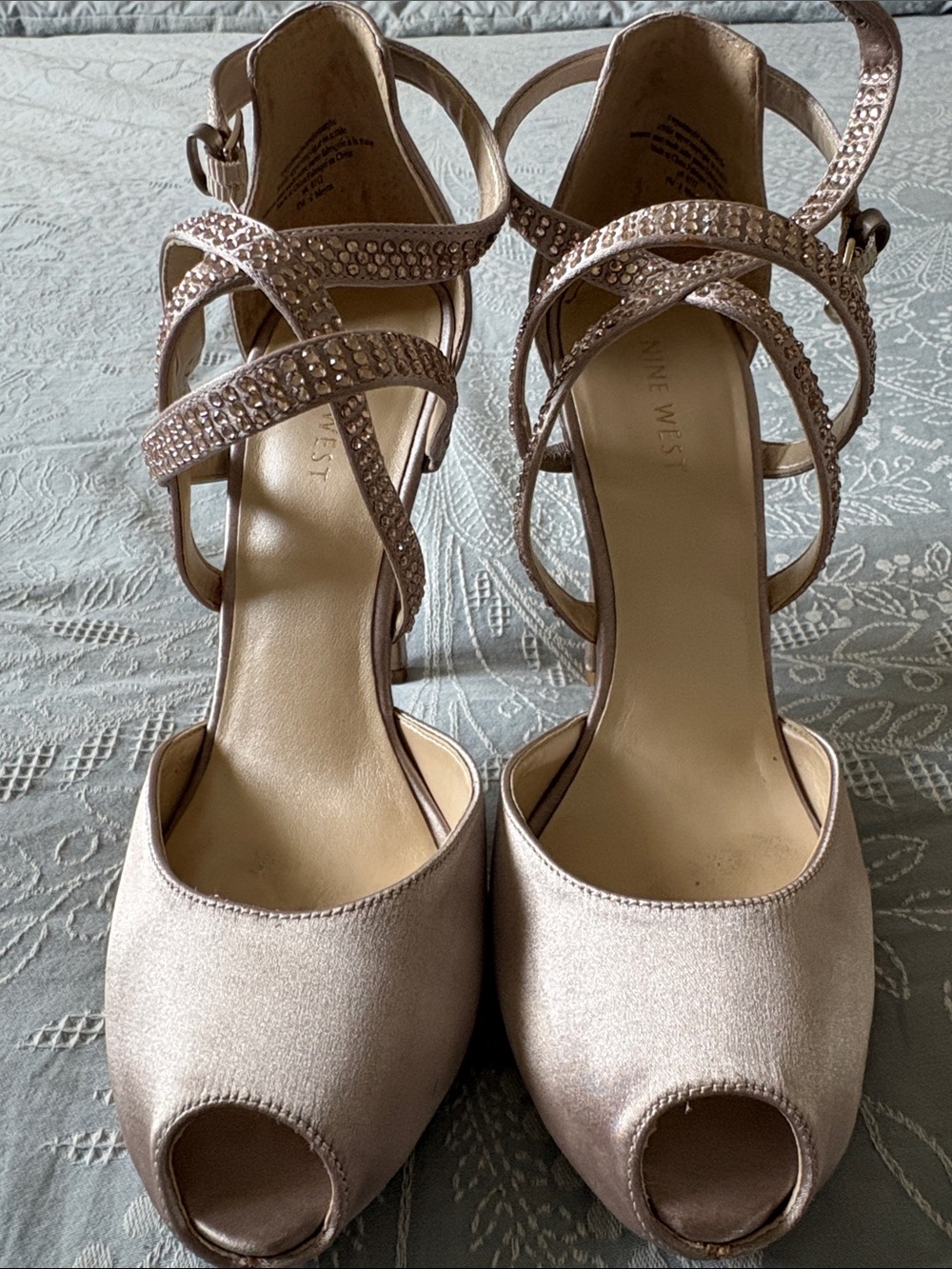 Women’s Blush Pink Satin Peep-Toe Heels with Crystal Straps